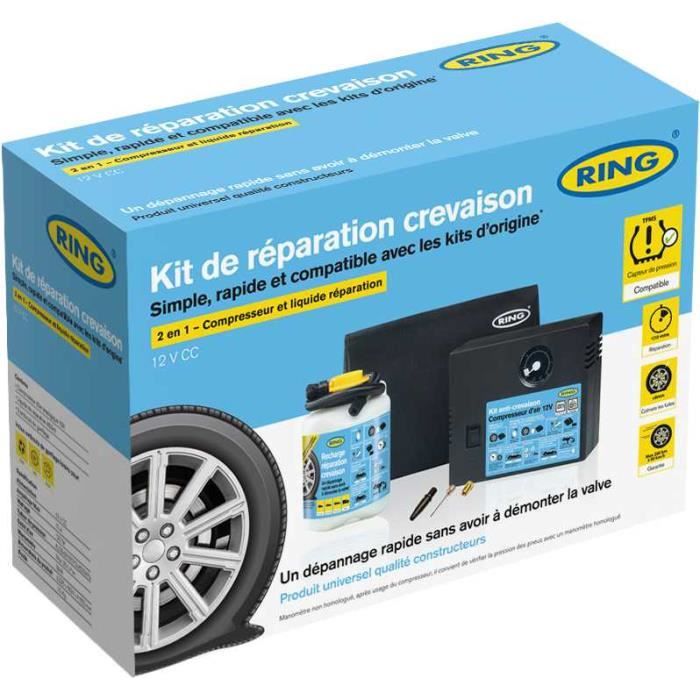 Kit pour réparer les crevaisons voiture: liquide d'étanchéité + compresseur  d'air