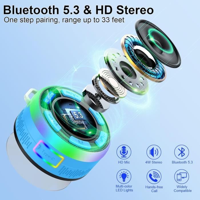 Enceinte Douche Bluetooth 5.3 étanche IP7 - Avec Ventouse Et Lumières LED - 4
