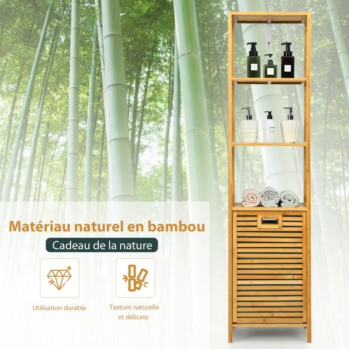 Meuble salle de bain bambou avec panier a linge - Cdiscount