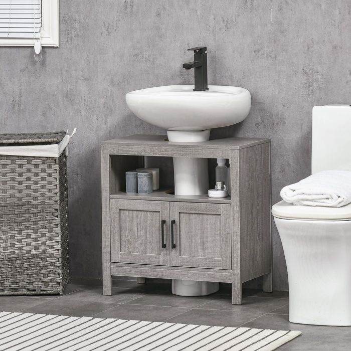 Meuble Sous Lavabo Blanc 2 Portes Avec étagères - 90x30x60 Cm - Design Classique - Rangement Salle De Bain Optimisé