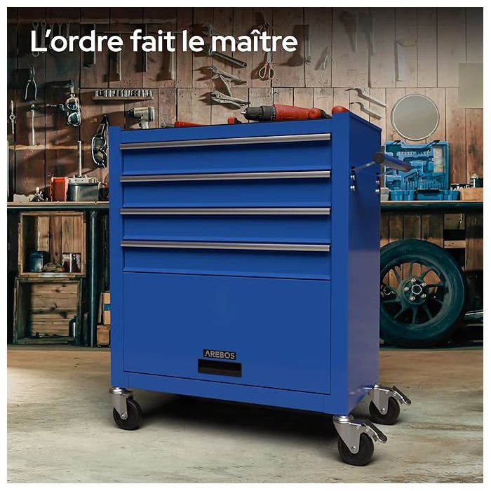 Arebos – Chariot d'atelier 5 tiroirs – Acier thermolaqué – Dimensions 70x33x78cm – Roulettes pivotantes avec freins – Verrouillage central