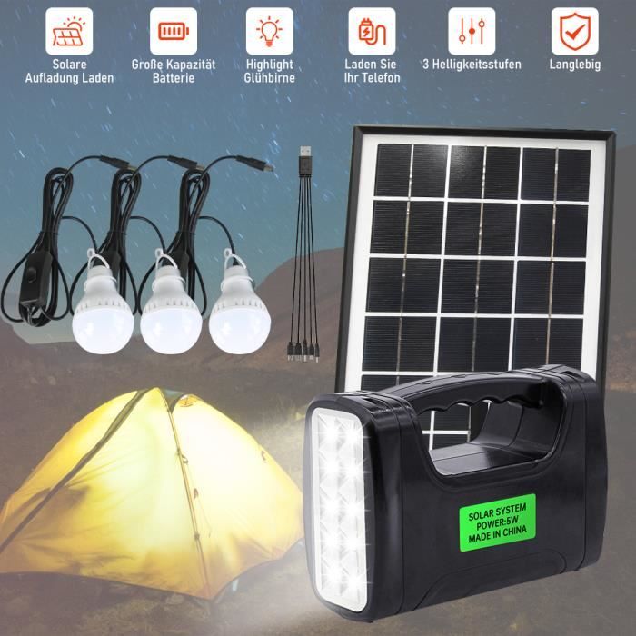 Kit Système Générateur Panneau Solaire, Avec Fonction MP3 et Trois  Ampoules, Câble de Chargement USB 5 en 1, Adapté Camping - Cdiscount  Bricolage