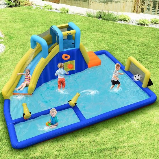 COSTWAY 9 en 1 Château Gonflable avec Toboggan & Souffleur 680W & Mur d' Escalade, Aire de Jeux Gonflable avec Piscine & Canon à Eau, Charge 90kg pour 2 Enfants de 3-10 Ans
