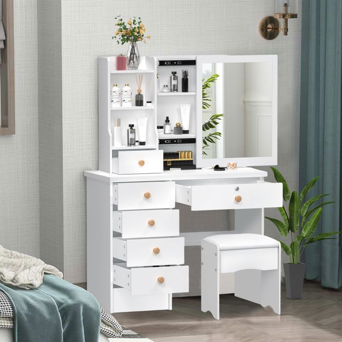 Coiffeuse Grande avec Miroir et Tabouret, LED Réglable, Prise et Port