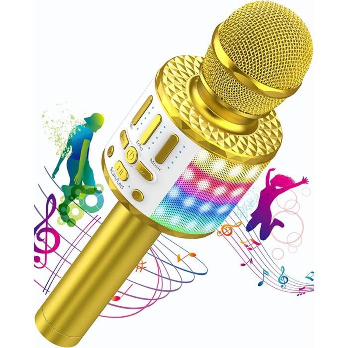Microphone Bluetooth de Karaoké Portable 5-en-1 Microphone Karaoké Sans Fil avec Haut-parleur Bleu Compatible avec Android iOS Smartphone Microphone d'imitation Sonore pour Enfants 