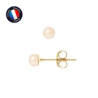 PERLINEA - Boucles d'Oreilles - Véritables Perles de Culture d'Eau Douce Boutons 4-5 mm Rose Naturel - Or Jaune - Bijoux Femme