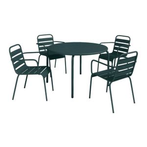 Ensemble table et chaise de jardin Salle à manger de jardin en métal - une table D.110cm et 4 fauteuils empilables - Vert sapin - MIRMANDE de MYLIA
