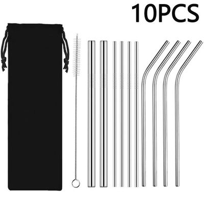 Pailles Réutilisables Inox 24 Pièces - 215mm Et 265mm Droites/courbées Avec 2 Brosses Et Sac De Rangement