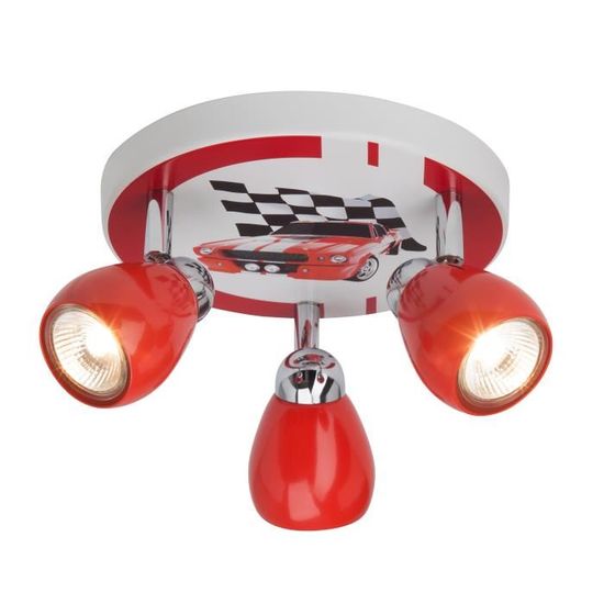 Plafonnier rond 3 spots orientables en métal blanc et rouge diamètre 21cm Racing-