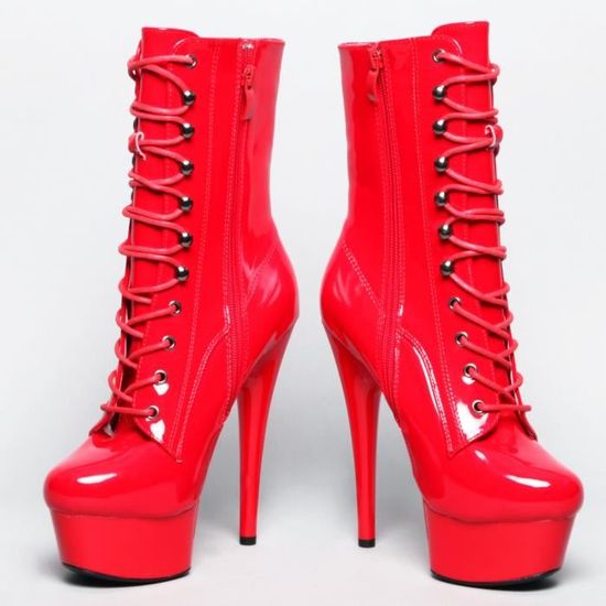 Bottine Plateforme Vinyle Rouge Femme Talon Aiguille Fermeture Eclair et Lacage Crochet Rouge Cdiscount Chaussures