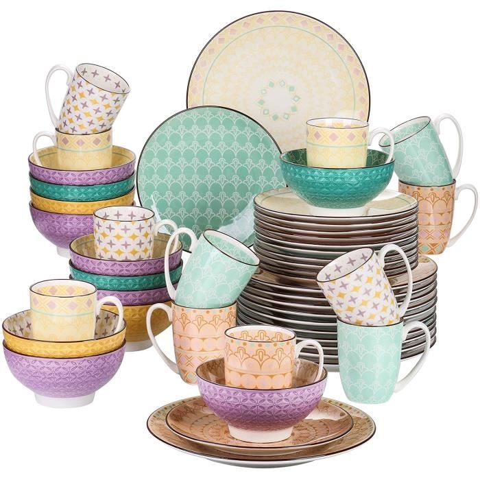 vancasso, série Tulip, Assiette Porcelaine, 48 Pièces, Service de Table Colorée, Style Marocain, Assiette Plate, Bols pour 12 Person