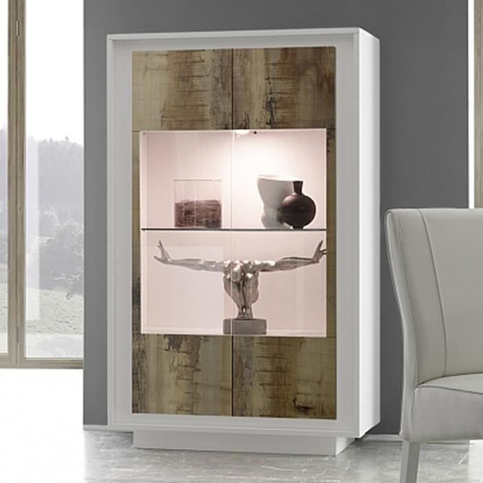 Vitrine blanc laqué mat et couleur bois PACOME LED à couleurs multiples L 106 x P 50 x H 171 cm Marron