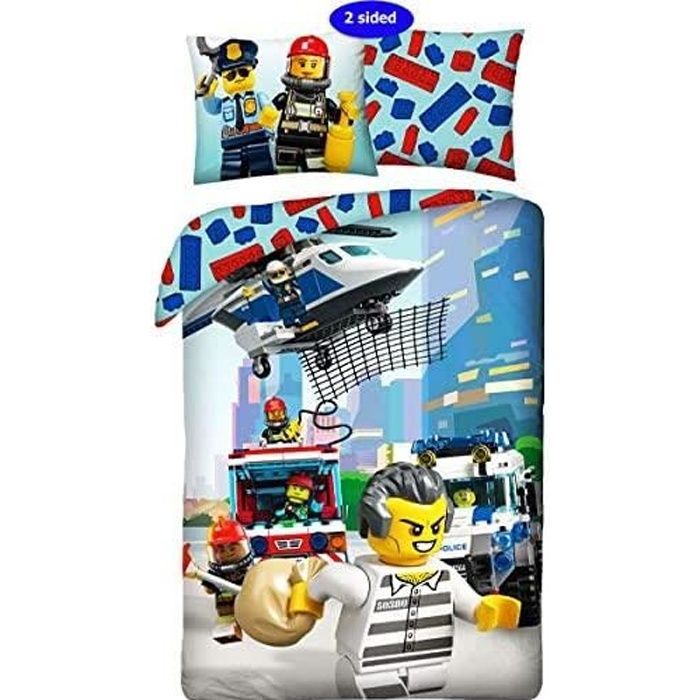 Halantex Parure de lit pour enfant 2 pièces Motif Lego City Police Pompier 140 x 200 cm + taie d'oreiller 100 % coton certifié Öko-T