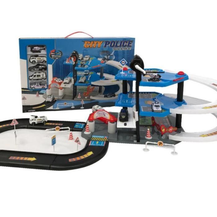 Parking Garage Voiture de Police pour Enfants Grand Circuit Voiture Garage 4 Etages Parking Jouet Bleu
