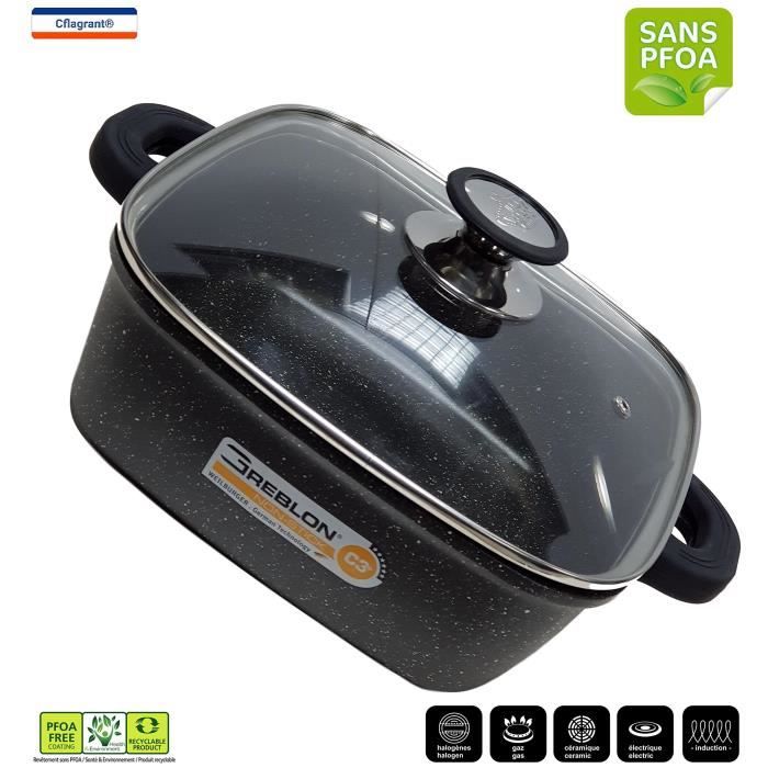 Cflagrant® Faitout Carré -De La Cuisine à La Table- 32 x 32 cm Façon Pierre avec Couvercle Tous Feux Dont Induction Sans PFOA Cui