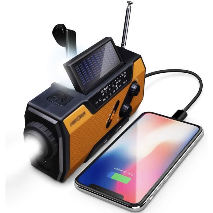 FosPower Radio Solaire Borne de Recharge Externe Portable, Radio d’Urgence pour Extérieure Camping Trek Trekking, AM/FM Manivelle, L