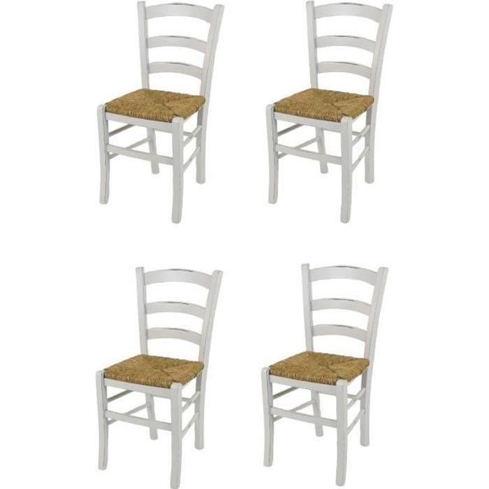 Tommychairs - Set 4 chaises cuisine VENEZIA style Shabby Chic, structure en bois de hêtre vieilli à la main et assise en paille