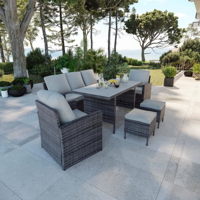 Salon de jardin design 7 places résine tressée table haute - Gris - CALVI