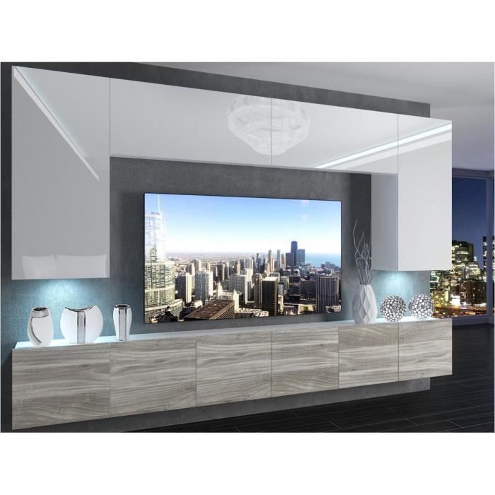 SILLEA - Ensemble meubles TV - Unité murale - Largeur 300 cm - Mur TV à suspendre finition gloss - Blanc-Aspect bois