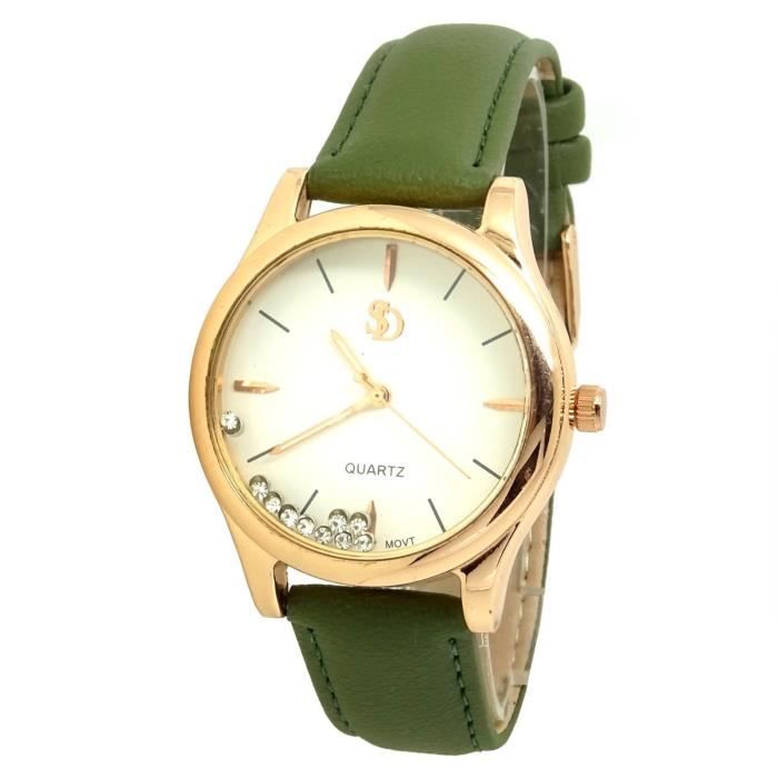 MONTRE FEMME STRASS MOUVEMENT VERT KAKI PASTEL CUIVRE CUIR IDÉE BIJOUX CADEAU