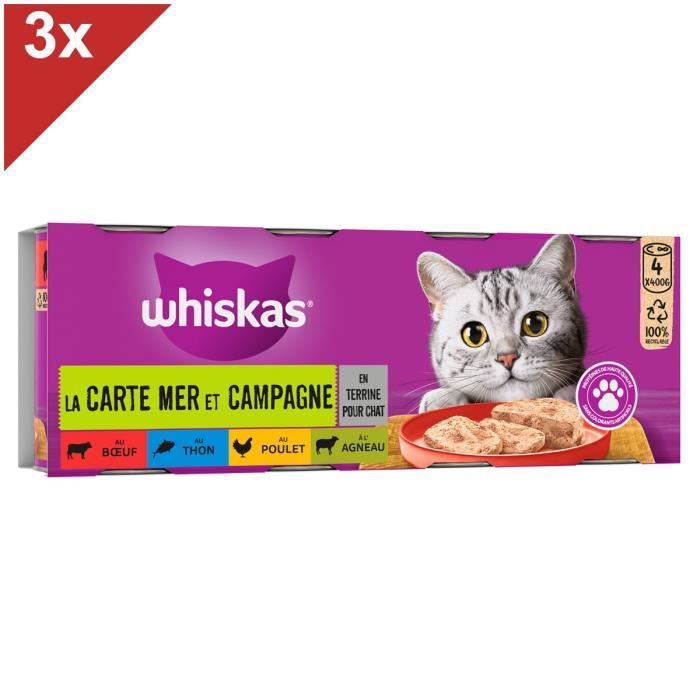WHISKAS 12 Boîtes en terrine pâtée pour chat 4 variétés 400g (3x4)