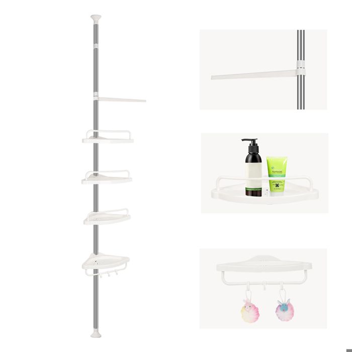 armoire sdb,étagère de douche télescopique compact blanc - 4 tablettes et 4 crochets,aluminium,105-310cm,blanc