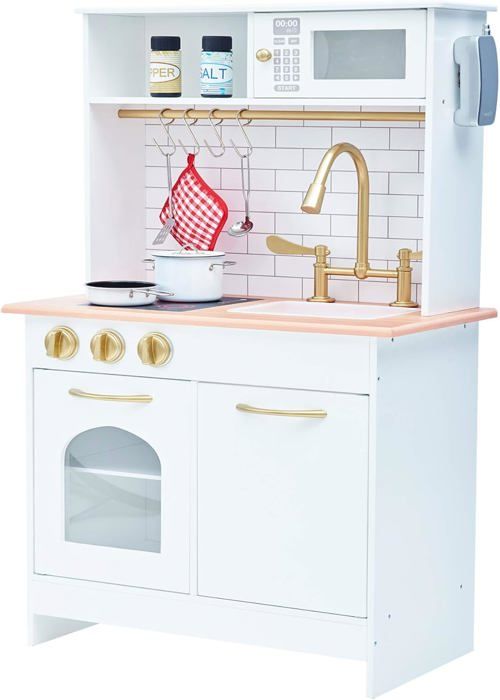 Cuisine En Bois 22 Pièces – Dinette Complète Pour 4 Personnes, Assiettes, Couverts, Support, Lave-vaisselle, Dès 3 Ans