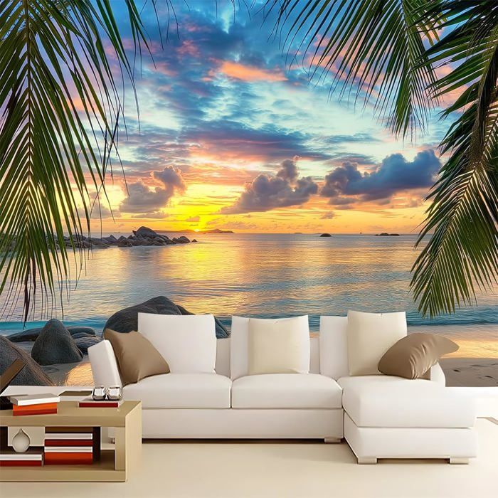 Papier Peint Intissé Paysage Palmiers Plage Tropicale 3D Fond D'Écran ...