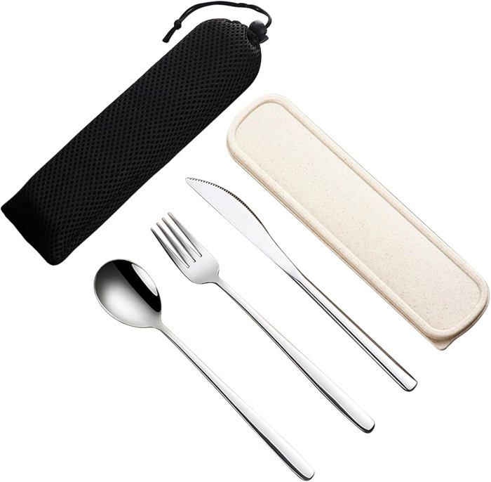 Set De Couverts De Camping 12 Pièces En Inox - Avec étui, Couteaux, Fourchettes, Cuillères Et Baguettes Réutilisables