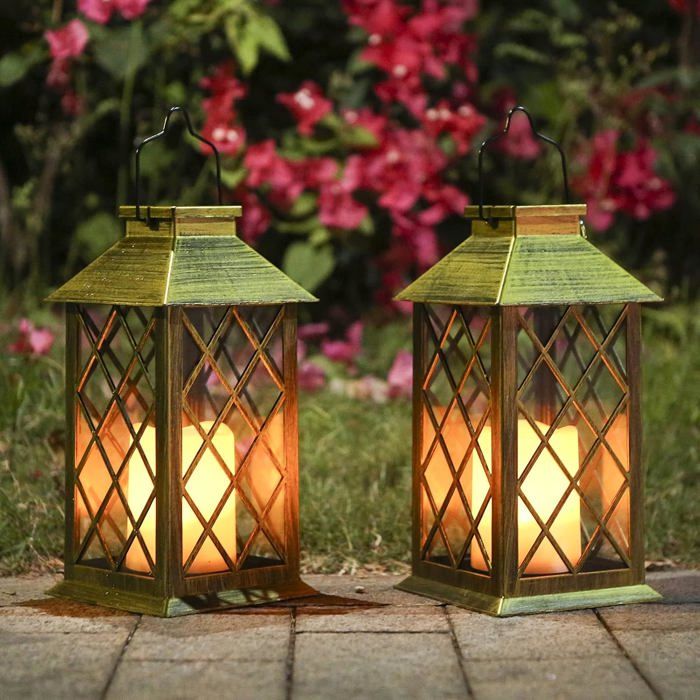 Lot de 2 lanternes solaires effet bougie IP23 - Jaune LED intégrée pour jardin à poser ou suspendre