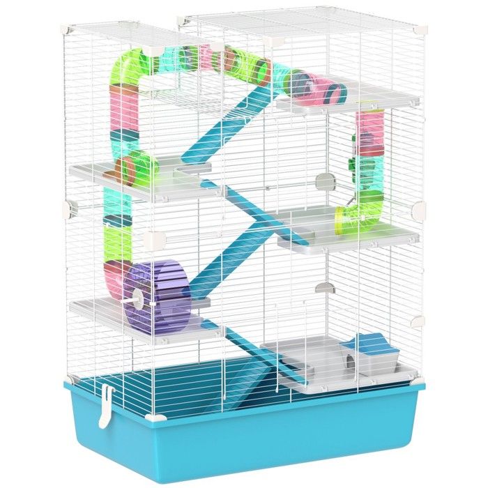 Meilleurs prix pour Cage Hamster 6 Niveaux 58x36x81cm Bleu Clair Avec Tubes&7tunnels&cabane&roue&gamelle&bouteille - Hamsters&gerbilles