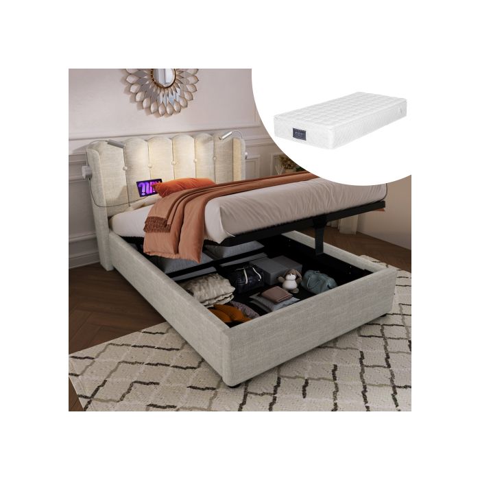 Lit Coffre - SOGEU - 90x200 - Matelas inclus - Tissu lin beige - 2 ports USB & lampe lecture