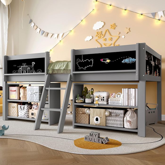 Lit mi-haut 90x200 cm étagères barrières échelle pin minimaliste gris Lit mi-haut 90x200 cm étagères barrières échelle pin minimaliste gris