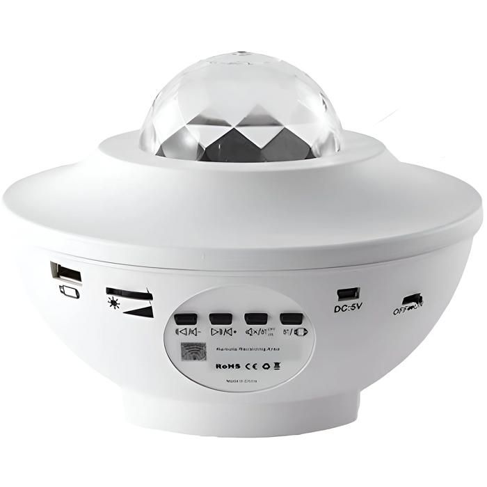 Projecteur Bluetooth 48 effets lumineux 4 niveaux de luminosité fonction minuterie étoiles et lune recharge USB blanc