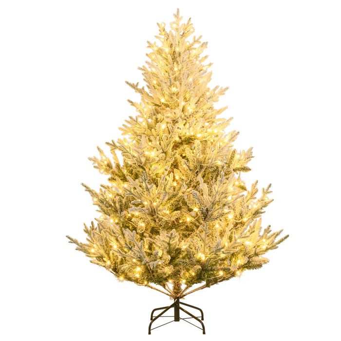 Sapin de Noël Pré-Éclairé Articulé 180cm COSTWAY-LED Blanc Chaud 13 Modes Luminosité Réglable-Branches Floqué-Minuterie-Paire Gants
