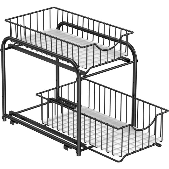 Organiseur de Cuisine Étagère sous Évier 2 Paniers Coulissants Empilable pour Rangement dans Placard sous Lavabo avec Label