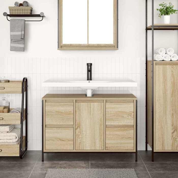 Meuble sous-vasque - vidaXL - Chêne sonoma - 90x345x60 cm - 4 tiroirs - 1 porte - 1 étagère - Pieds réglables