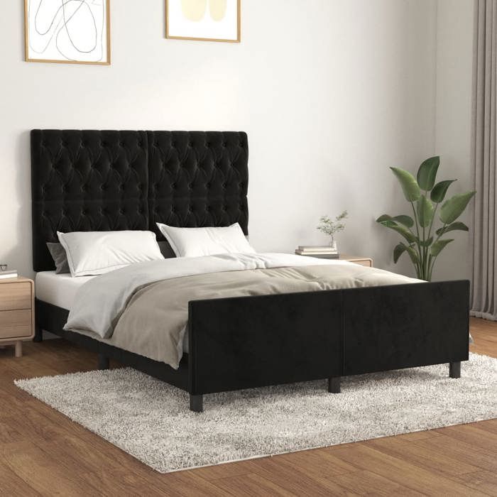 Cadre de lit en velours - UU - 140x190 cm - Noir - Velours doux - Hauteur réglable - Pieds robustes