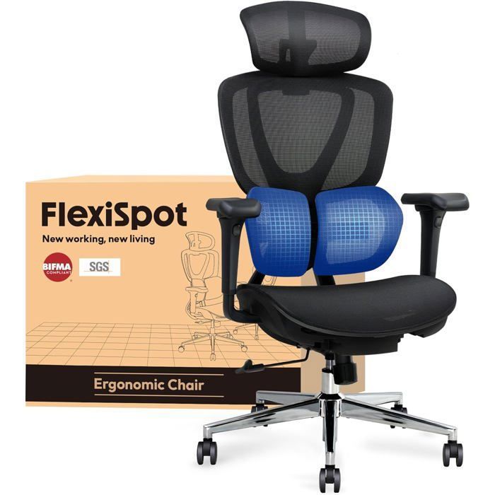 FlexiSpot C5 Chaise Ergonomique Chaise de Bureau avec Support Lombaire Appui-tête 3D Dossier Inclinable en 3 Positions Noir