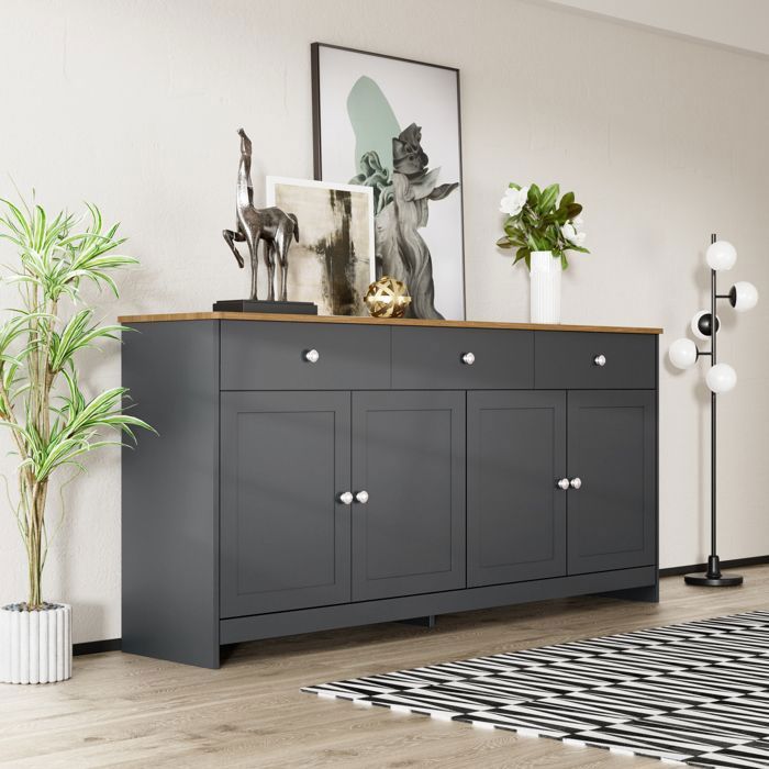 Buffet Maisentiel effet bois gris-noir 160x37x75 cm MDF style campagnard rangement 3 tiroirs 4 portes élégant