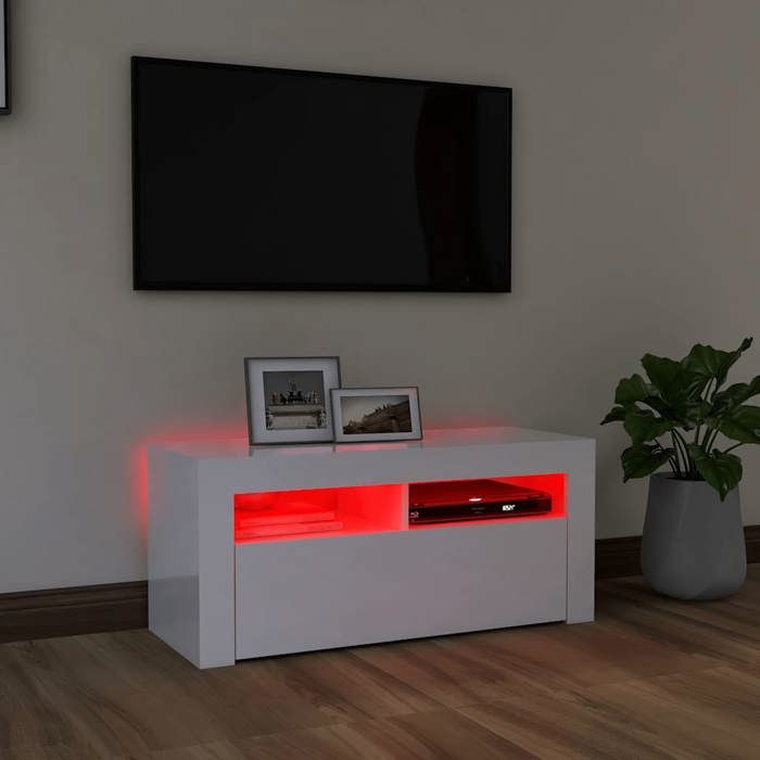 NEUF Armoire TV - Blanc - Meuble TV - TABLE TV - avec lumières LED - blanc brillant 90x35x40 cm - TT3511