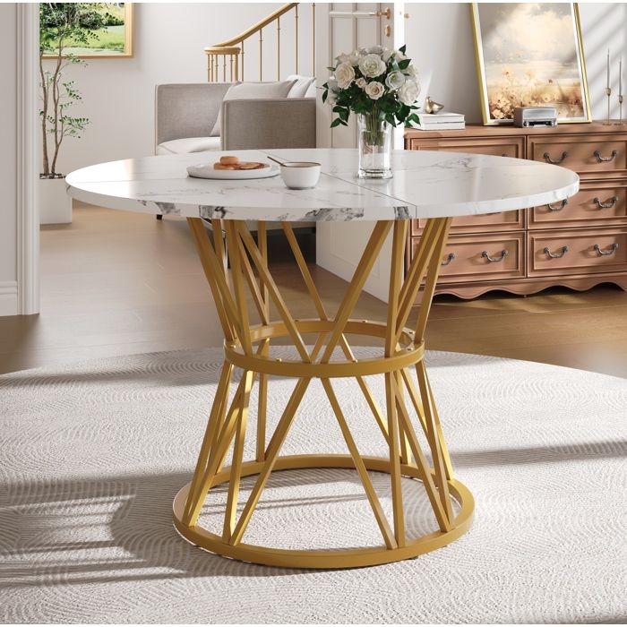 MEUBLIV Table à manger ronde pour 4 personnes avec pieds métal réglables100x100x76 cm MDF or