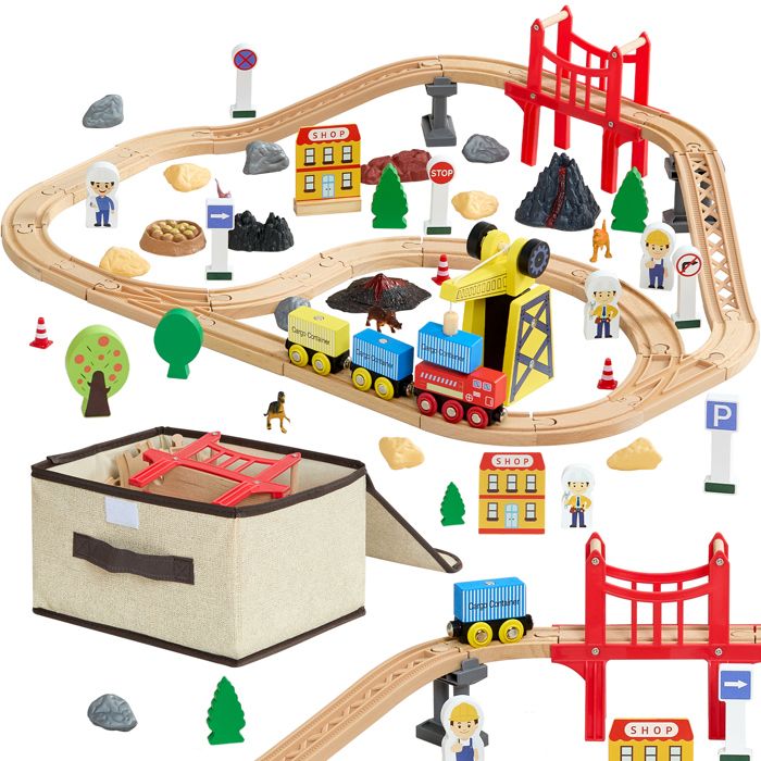 GOPLUS Table Circuit de Train Enfant, Rail de Train Bois 80 Pcs avec Rails, Jouet d'Activités pour Garçons et Filles 3 Ans+, Acessoire Complets Vert
