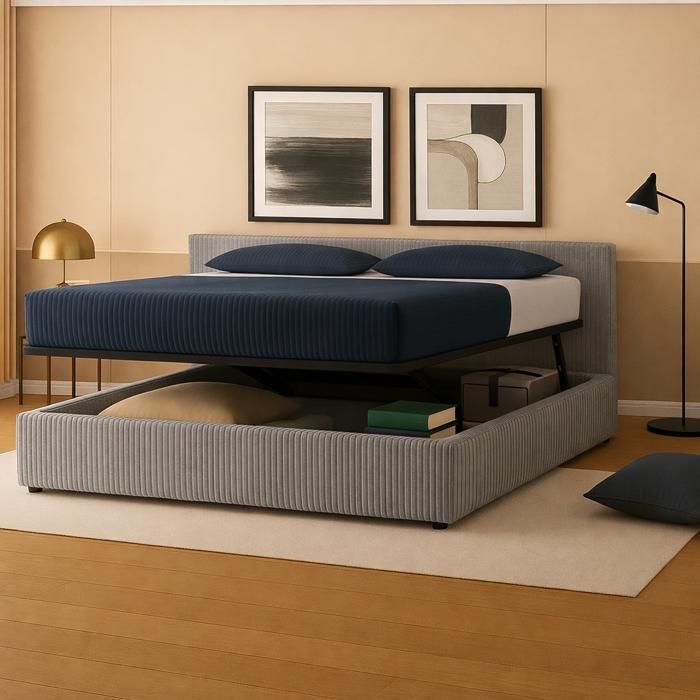 Lit coffre - SAMPUR - 140x190 cm - Velours côtelé gris - Ouverture latérale - Tête de lit incluse