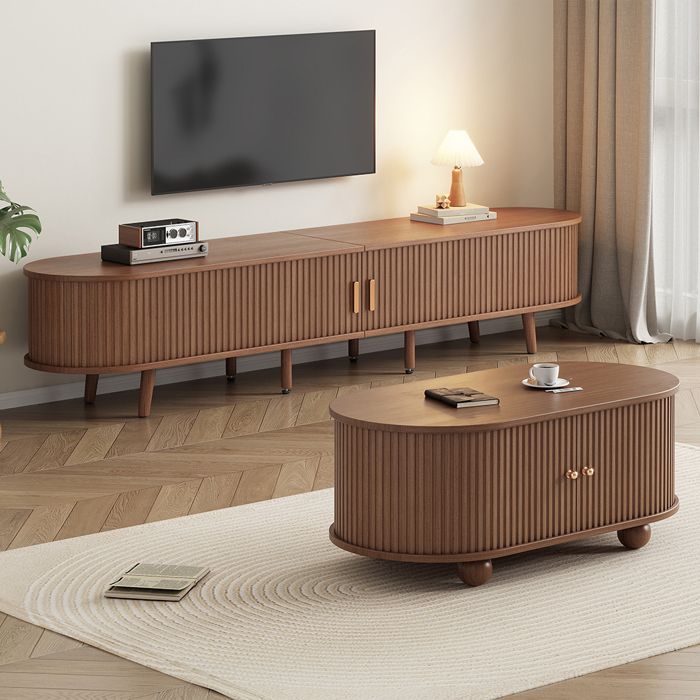 Ensemble meuble TV et table basse - PAGE LIVING - Noyer - MDF haute densité écologique - Rangement intégré - Pieds bois réglables