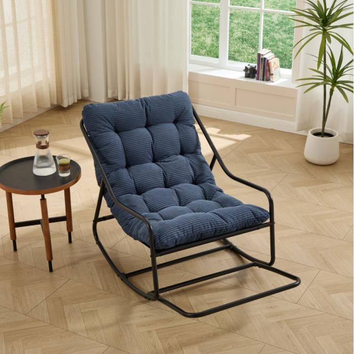 Fauteuil à Bascule Œuf avec Repose-Pieds - Chaise a Bascule Rocking Chair Coussin Confortable pour Salon Jardin Balcon Bleu