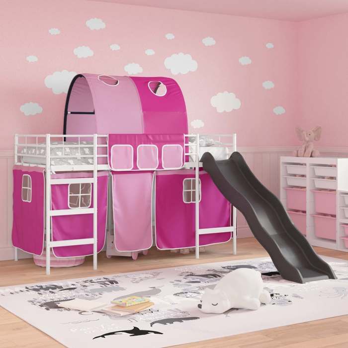 BEAU Lit mezzanine pour enfants - SARAZYJ - Design loft - Meuble de chambre - Blanc et rose 745 x 190cm Métал - 798406