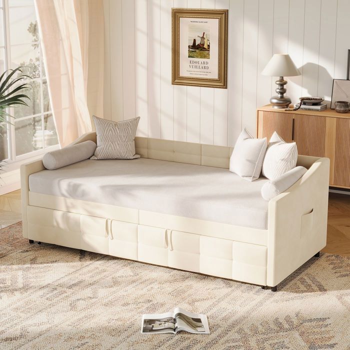 Lit gigogne 90/180x200 cm Canapé-lit extensible avec sommiers à lattes lit capitonné en velours beige Lit gigogne 90/180x200 cm Canapé-lit extensible avec sommiers à lattes lit capitonné en velours beige