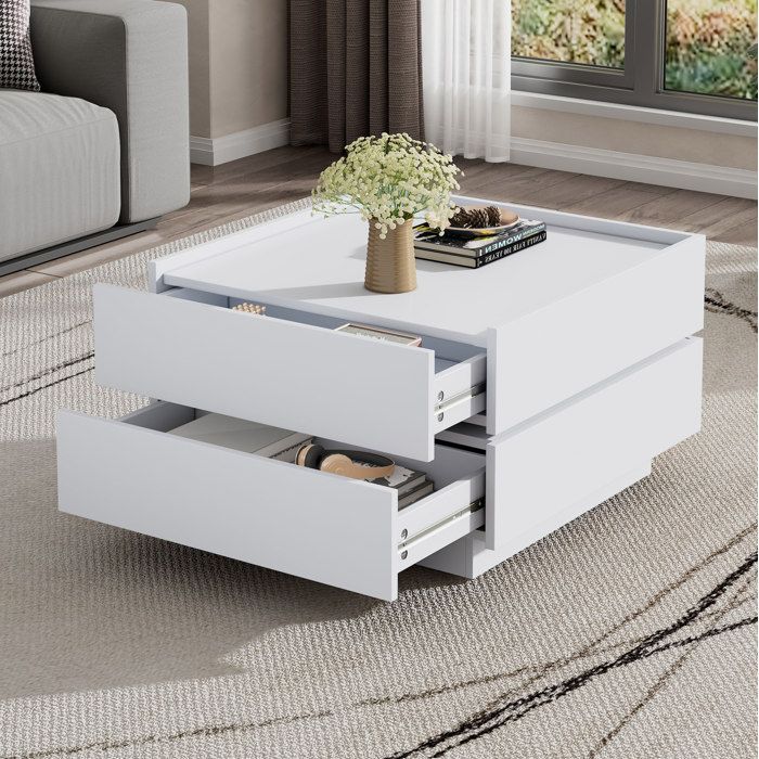 Table basse pivotante blanche avec 2 tiroirs et plateau rotatif 360°