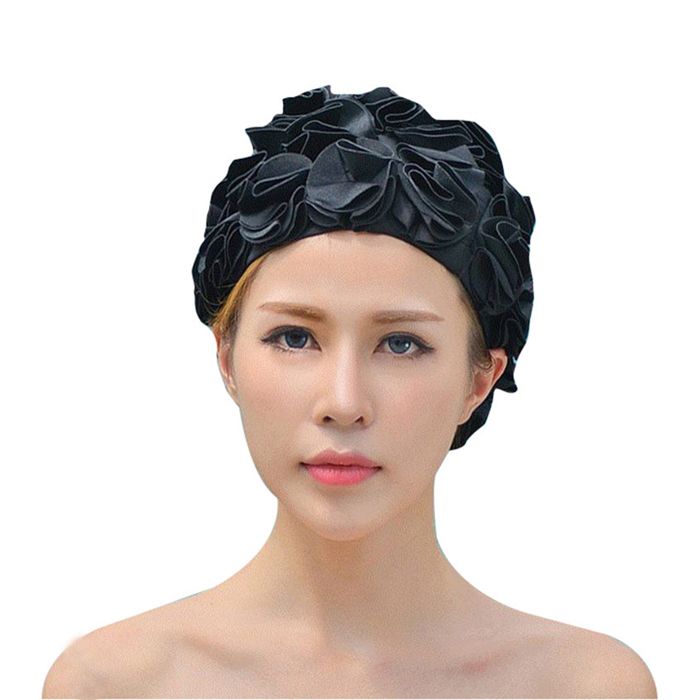 Bonnet de bain à fleurs rétro bonnet de bain à fleurs 3D pétale à la mode décontracté pour femmes tendance rétro plage voyage noir